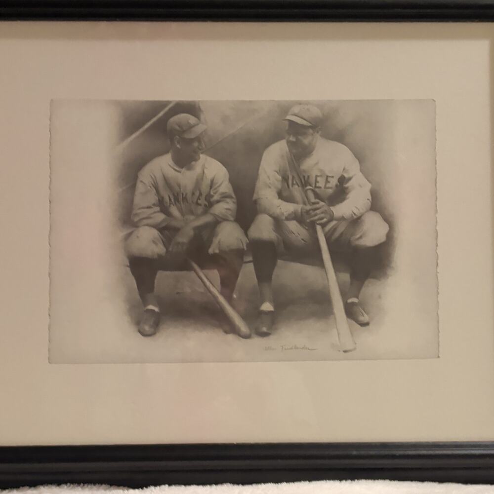 Baseball Print Framed Matted Babe Ruth Lou Gehrig Allen Friedlander Artist 19x23